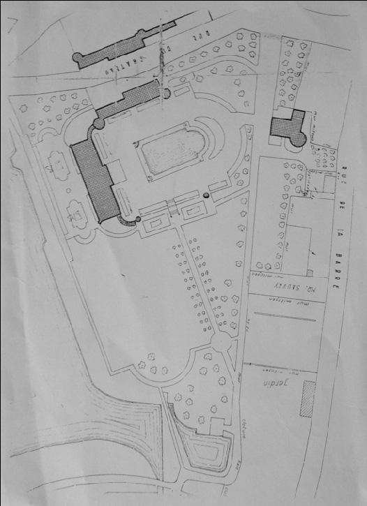 Plan des aménagements paysagers du château de Longny vers 1960.- Encre sur papier.