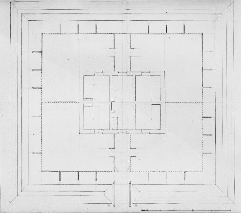 Etablissement dans un herbage de 4 loges pour étalons avec chacun une cour, avec un logement central pour un palefrenier pour le séjour d'été. - Plan par Desessart, 18 mars 1808. (AD Orne).
