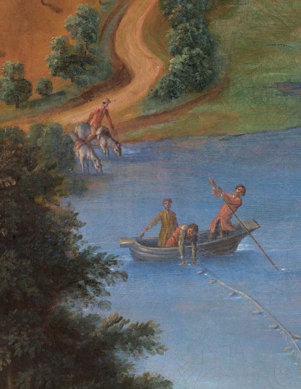 Vue de détail de la Cartusia Vallis Dei, province cartusienne de France-sur-Loire : l'étang poissonneux.- Huile sur toile, Jean-Baptiste (?) de Cany, 1688 (musée de la Correrie, Saint-Pierre-de-Chartreuse).