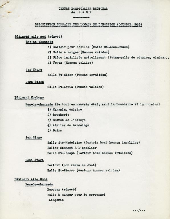 Description sommaire des locaux de l’hospice, f°1.- CHR de Caen, Octobre 1965. (CHU de Caen. T 323).