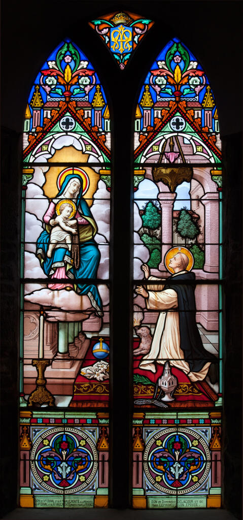 Ensemble de 2 verrières historiées et commémorative de la guerre de 1914-1918 : Présentation de la France au Sacré-Coeur en présence de saint, Apparition de la Vierge à saint Dominique de Guzman