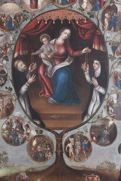 tableau d'autel : donation du Rosaire avec donateurs, vie du Christ