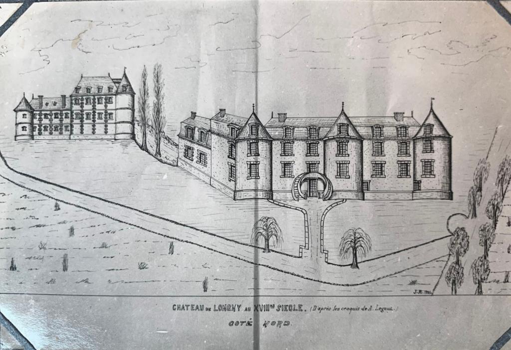 Le château de Longny au 18e siècle, côté nord, dessin (signature peu lisible) exécuté en 1931 d'après les croquis de A. Legout de 1854).- Reproduction d'un tirage photographique noir et blanc (AD Orne, SHAO 1333).