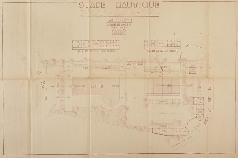 Projet de stade nautique, plan par Delmas associés et Guilgot, août 1936 (AM Pont-Audemer, 1 M 41).