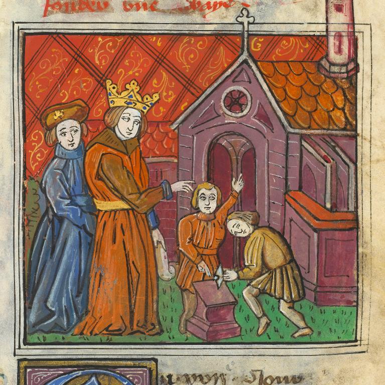 Guillaume le Bâtard et Mathilde de Flandre visitant le chantier d'une abbaye caennaise.- Enluminure, 1410-1420.- (Bibliothèque de Rouen. ms Y26 f°101).