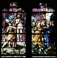 verrière hagiographique et historiée : Martyre des proches de sainte Foy et décollation de la sainte (baie 2)