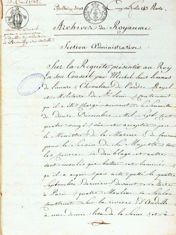 Arrêt du conseil d’Etat du Roi du 23 avril 1782 autorisant Michel Louis Lecamus de Limare à fonder les Fonderies de cuivre de Romilly (AD Eure. 19 S 2).