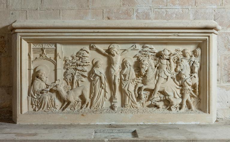 haut-relief de l'autel secondaire de la Vierge : Crucifixion, saint Gilles et la biche