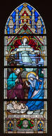 ensemble de 3 verrières figurées hagiographiques et commémoratives de la guerre de 1914-1918 : La Vision d'Ostie de saint Augustin d'Hippone et de sainte Monique, Notre-Dame de Pontmain, Nativité ; à la mémoire d'Auguste Cauvin, de Léon Lerendu et d'Emile Gèmier (baies 5, 6 et 11)