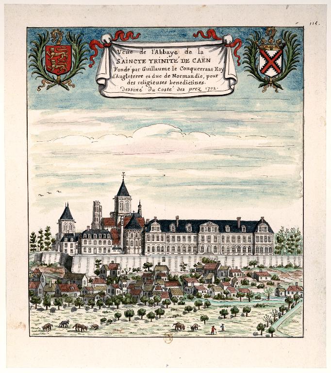 Vue méridionale de l'abbaye depuis la prairie, Louis Boudan.- Dessin à l'encre aquarellé, 1702. (Bibliothèque nationale de France, département des Estampes. VA-14(4)-FOL).