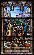 verrière légendaire et commémorative de la guerre de 1914-1918 : Judas Macchabée fait faire une quête pour les morts dans le combat (baie 5)