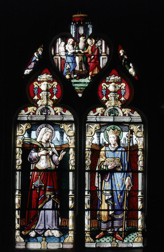 verrière historiée : saint Louis et Blanche de Castille et le mariage de la Vierge (baie 5)