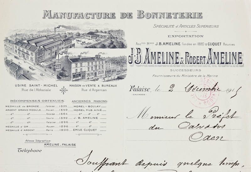 Papier à en-tête de la Manufacture de Bonneterie, J-B Ameline et Robert Ameline.- Papier à en-tête, Falaise, 2 décembre 1915. (AD Calvados. R 1860).