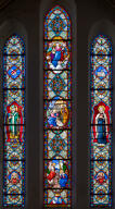 ensemble de 2 verrières : Vie de la Vierge, saints, sainte (baies 11 et 12)
