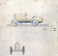 Dessins préparatoires, profil et face, d’une automobile à pédales Euréka, modèle BB 28, par xavier Grandvoinet, 1928 (Collection particulière).