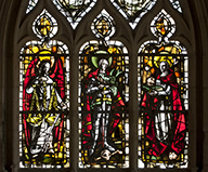 Baie n° 0 : saint Michel, saint Georges et saint Etienne, détail : les trois saints (verrière réalisée par l'atelier Max Ingrand).