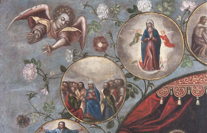 tableau d'autel : donation du Rosaire avec donateurs, vie du Christ