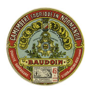 Saint-Ouen-du-Mesnil-Oger. Fromagerie Baudouin. "Camembert fabriqué en Normandie - St Ouen du Mesnil Oger (Calvados) - Baudouin".- Etiquette de fromage. (Musée de Normandie, Caen).