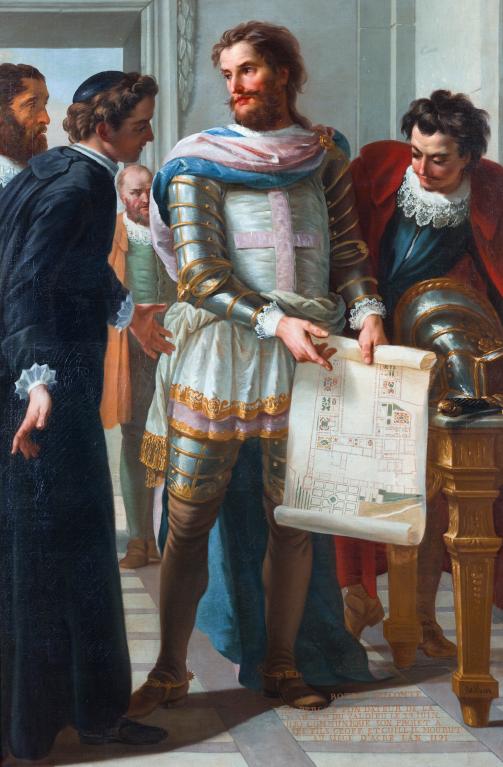 tableau et son cadre : Rotrou III comte du Perche présentant le plan de la chartreuse du Val-Dieu à ses fils