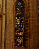 verrière historiée : Annonciation, Nativité de la Vierge (baie 4)
