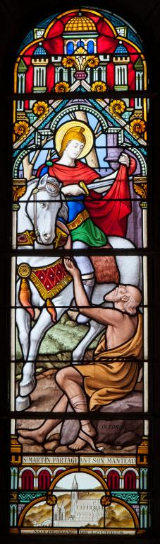 ensemble de 4 verrières hagiographiques : Saint Martin partageant son manteau, Saint Georges terrassant le dragon, Saint Victor, Saint Maurice (baies 1, 2, 3, 4)