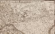 Détail du Plan de ville et faubourgs de Caen signalant une carrière dans le parc de l'abbaye, Bernard Jaillot.- Gravure, 1736. (Bibliothèque de Caen. FNI C 820).