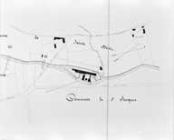 Usines de MM. Gillotin et Langlois.- Plan d'ensemble par Sallebert, ingénieur ordinaire des ponts et chaussées, 1/2500e, 8 août 1853. (AD Calvados. S 1177).