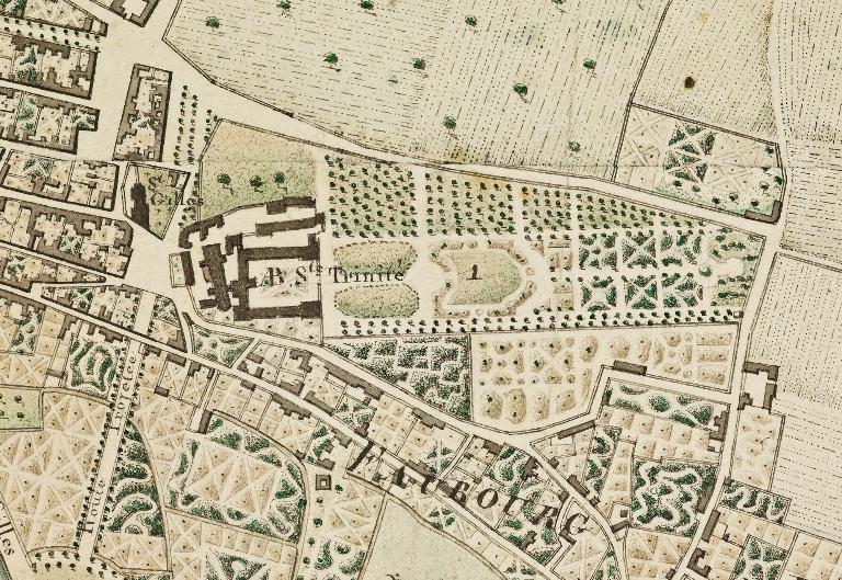 Détail de la Carte topographique de la ville et des faubourgs de Caen : les jardins de l'Hôtel-Dieu.- Plan, 1817. (Archives municipales de Caen).