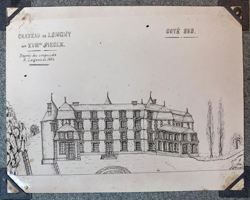 Le château de Longny au 18e siècle, côté sud, dessin (signature peu lisible) exécuté en 1932 d'après les croquis de A. Legout de 1854).- Reproduction d'un tirage photographique noir et blanc (AD Orne, SHAO 1333).