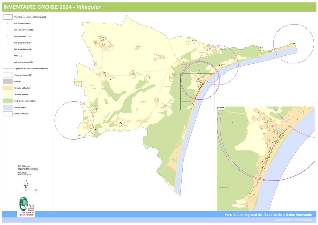 Carte de restitution de l'Inventaire croisé des patrimoines réalisé à Villequier, 2024.- SIG du PNRBSN.