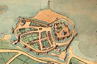 Cherbourg en 1656, copie du plan Gomboust. Détail.- Dessin à l'encre et aquarelle sur papier, 28,5 x 47 cm, s.d. (Bibliothèque municipale, Cherbourg-Octeville. Album K, vol 3, F° 35).