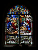 verrière, baie 8 : Joseph tiré du puits par les Madianites ; Isaac bénit son fils Jacob