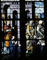verrière hagiographique et historiée : Sainte Foy et sa mère, Flagellation de sainte Foy (baie 3)