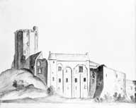 Vue d'ensemble depuis le sud-ouest.- Lavis, Gerville, juillet 1822. (Bibliothèque municipale, Cherbourg-Octeville. Ms 256, folio 21 verso)