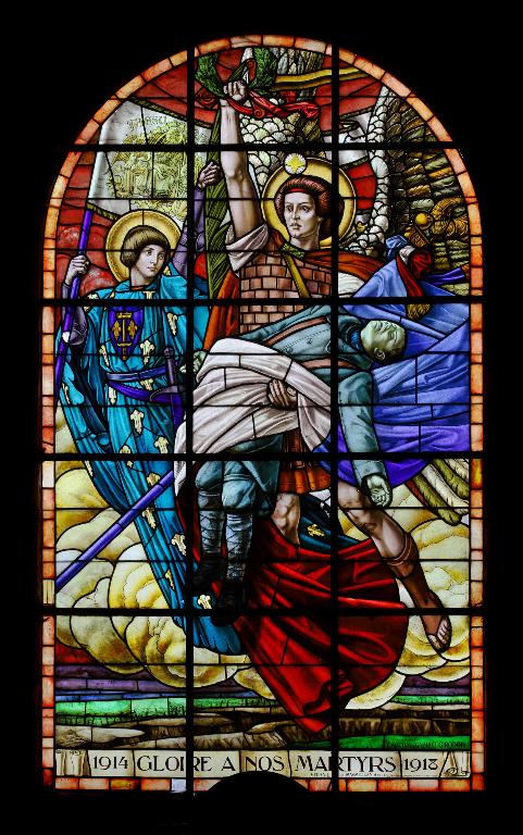 verrière hagiographique et commémorative de la guerre de 1914-1918 : L'archange saint Michel emporte un soldat mort