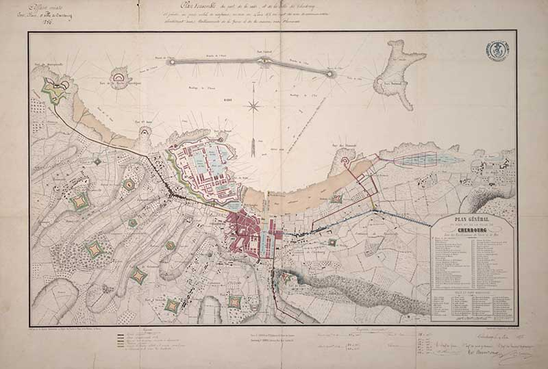Plan d'ensemble du port, de la rade et de la ville de Cherbourg le 14 juin 1856.- Gravure coloriée de Savary E (graveur), 1856. (AM Cherbourg-Octeville. plan non-coté).
