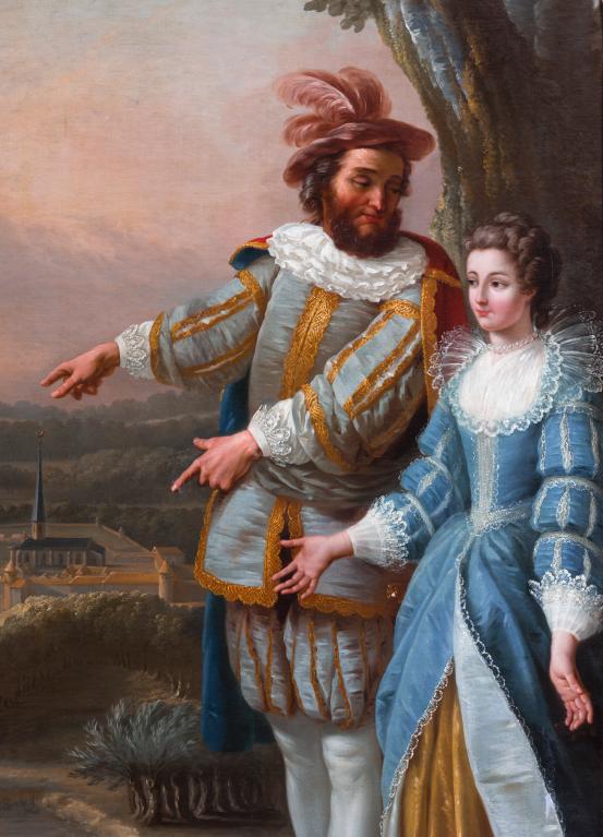 tableau : Pierre II de Valois comte d'Alençon et du Perche et sa fille devant la chartreuse du Val-Dieu