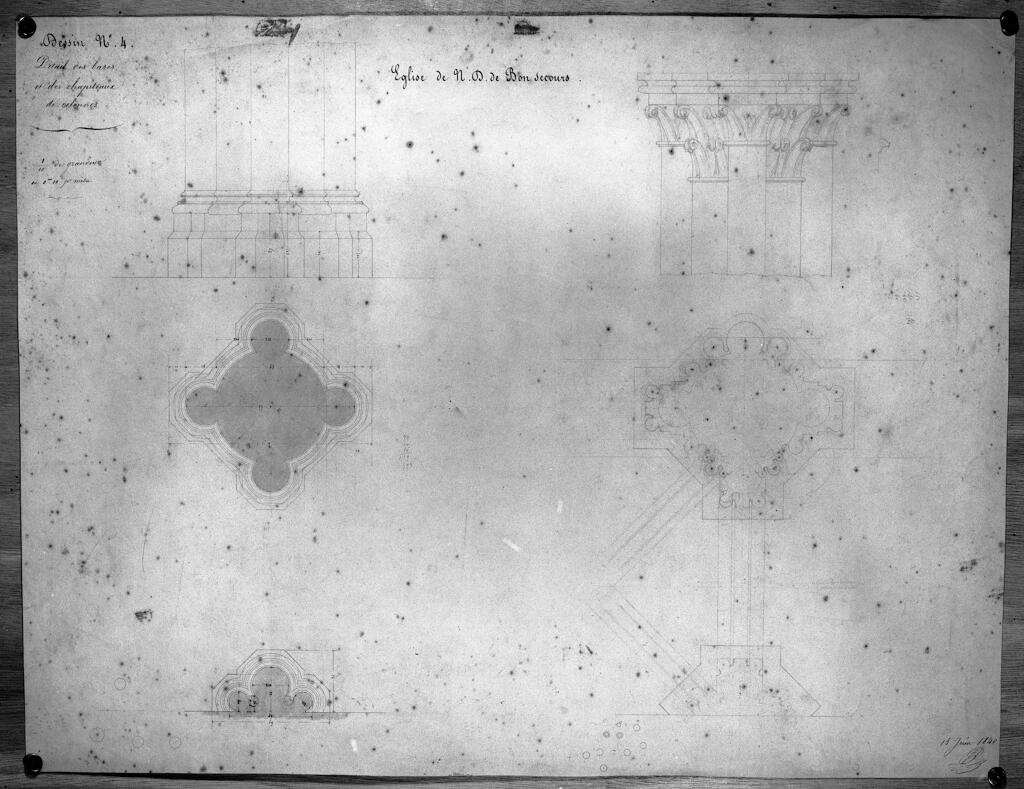 ensemble de plans et dessins d'architecture de la basilique Notre-Dame de Bonsecours