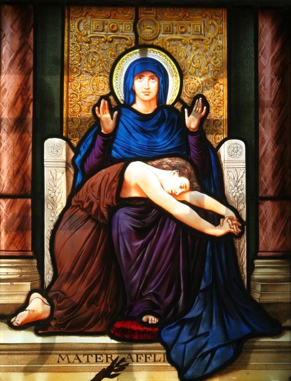 ensemble de 3 verrières (hagiographique et ornementales) la guerre de 1914-1918 : La Vierge consolatrice, Faisceaux, A la mémoire de Joseph Gibourdel