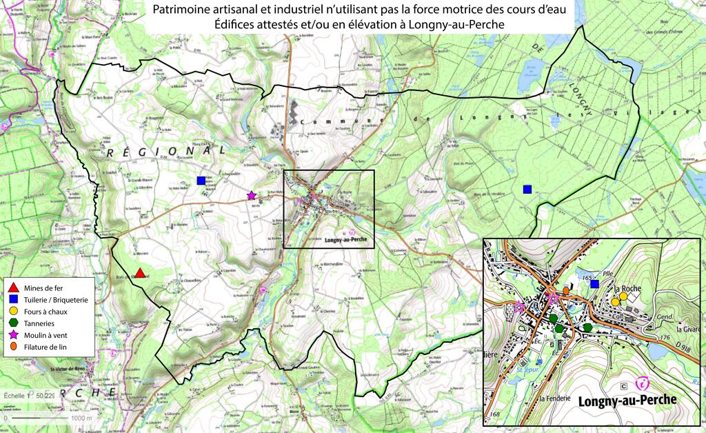 Carte du patrimoine artisanal et industriel n'utilisant pas la force motrice des cours d'eau : édifices attestés et/ou en élévation à Longny-au-Perche.