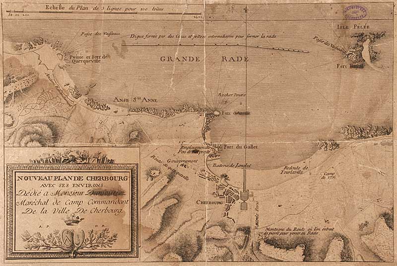 Nouveau plan de Cherbourg avec ses environs dédié à M. Dumouriez.- Gravure, 32,3 x 21, 5 cm, s.d. (Bibliothèque municipale, Cherbourg-Octeville. Boîte PF4).