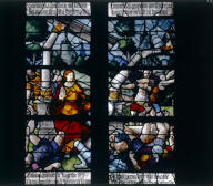 verrière hagiographique et historiée : Martyre de sainte Foy et miracle du temple (baie 1)