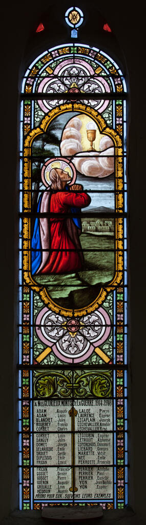 Ensemble de 2 verrières mixtes et commémoratives de la guerre de 1914-1918 : Jésus au jardin des oliviers et saint Augustin et sainte Monique 