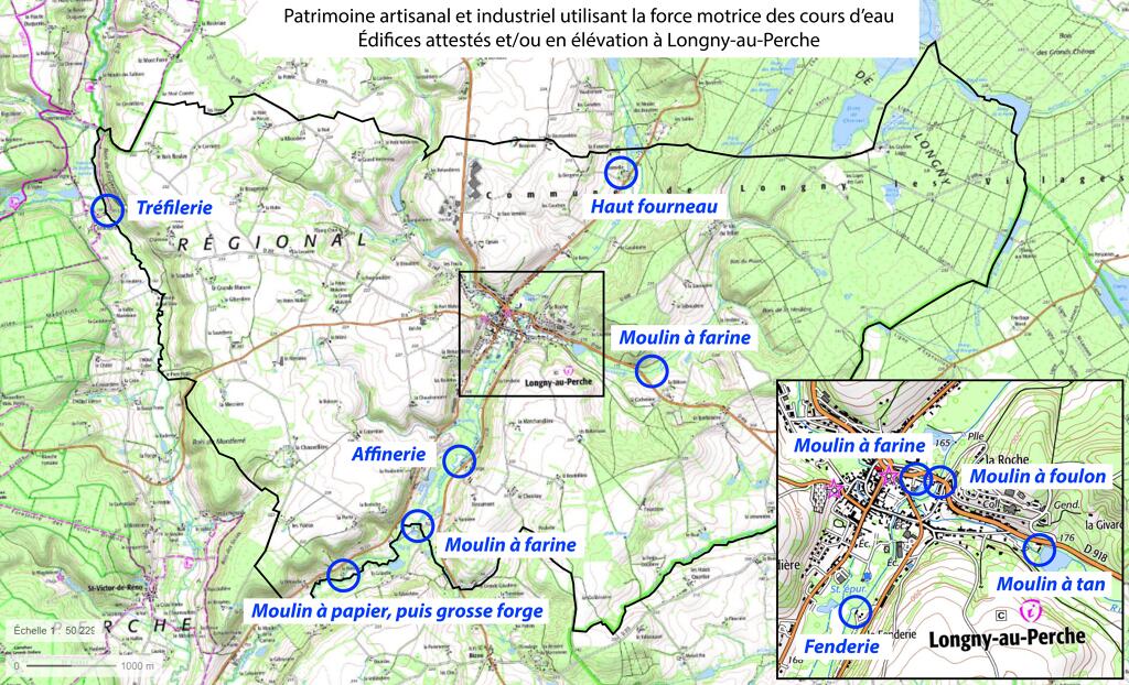 Carte du patrimoine artisanal et industriel utilisant la force motrice des cours d'eau : édifices attestés et/ou en élévation à Longny-au-Perche.