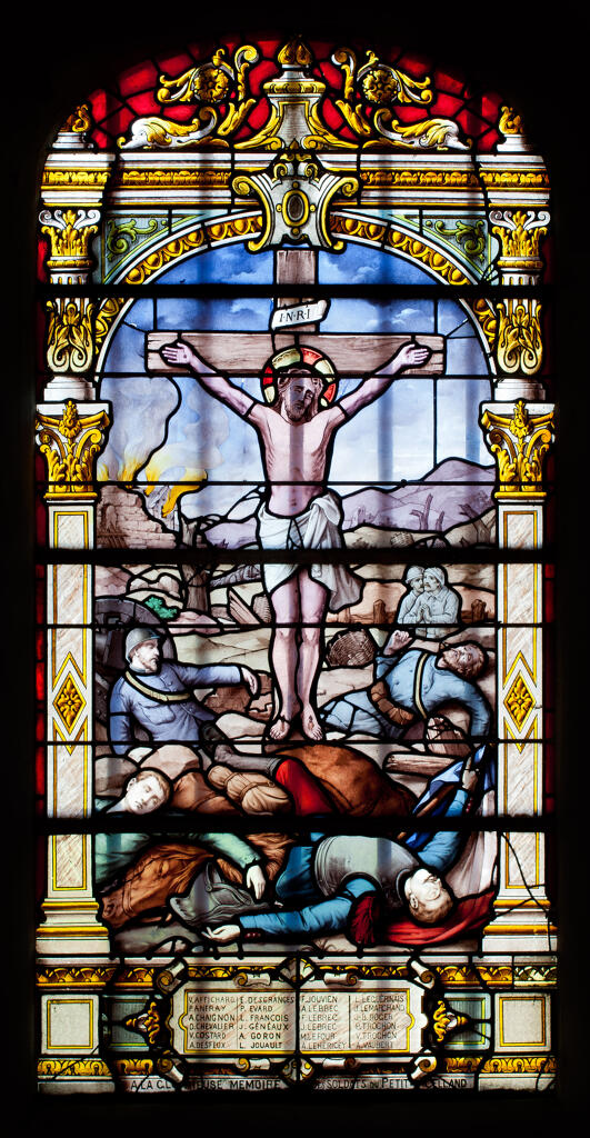 Verrière historiée et commémorative de la guerre de 1914-1918 : Pour l'humanité - pour la Patrie (baie 1)