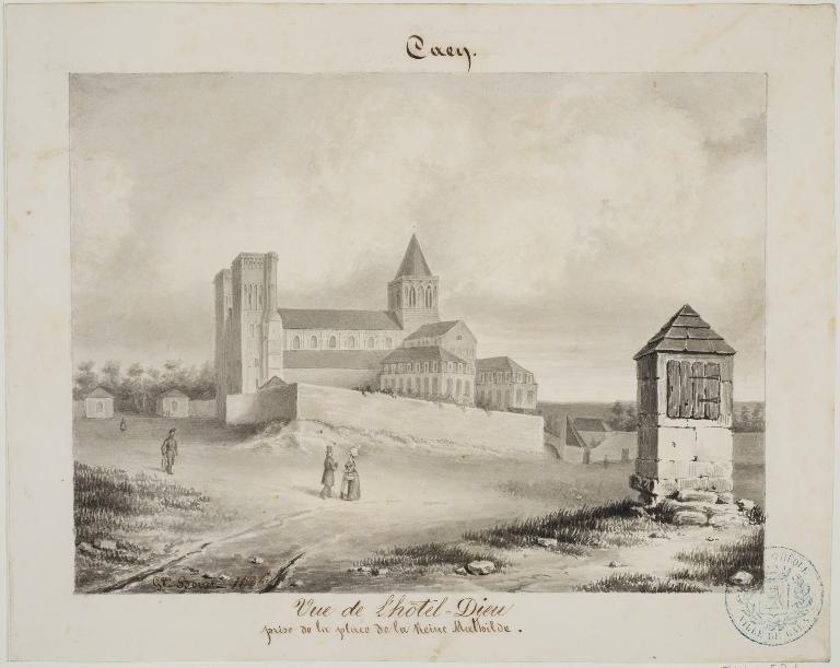 Caen. Vue de l'hôtel-Dieu prise de la place de la Reine Mathilde.- Crayon, lavis d'encre, Georges Bouet, 1836. (Bibliothèque de Caen. FNI C 574).
