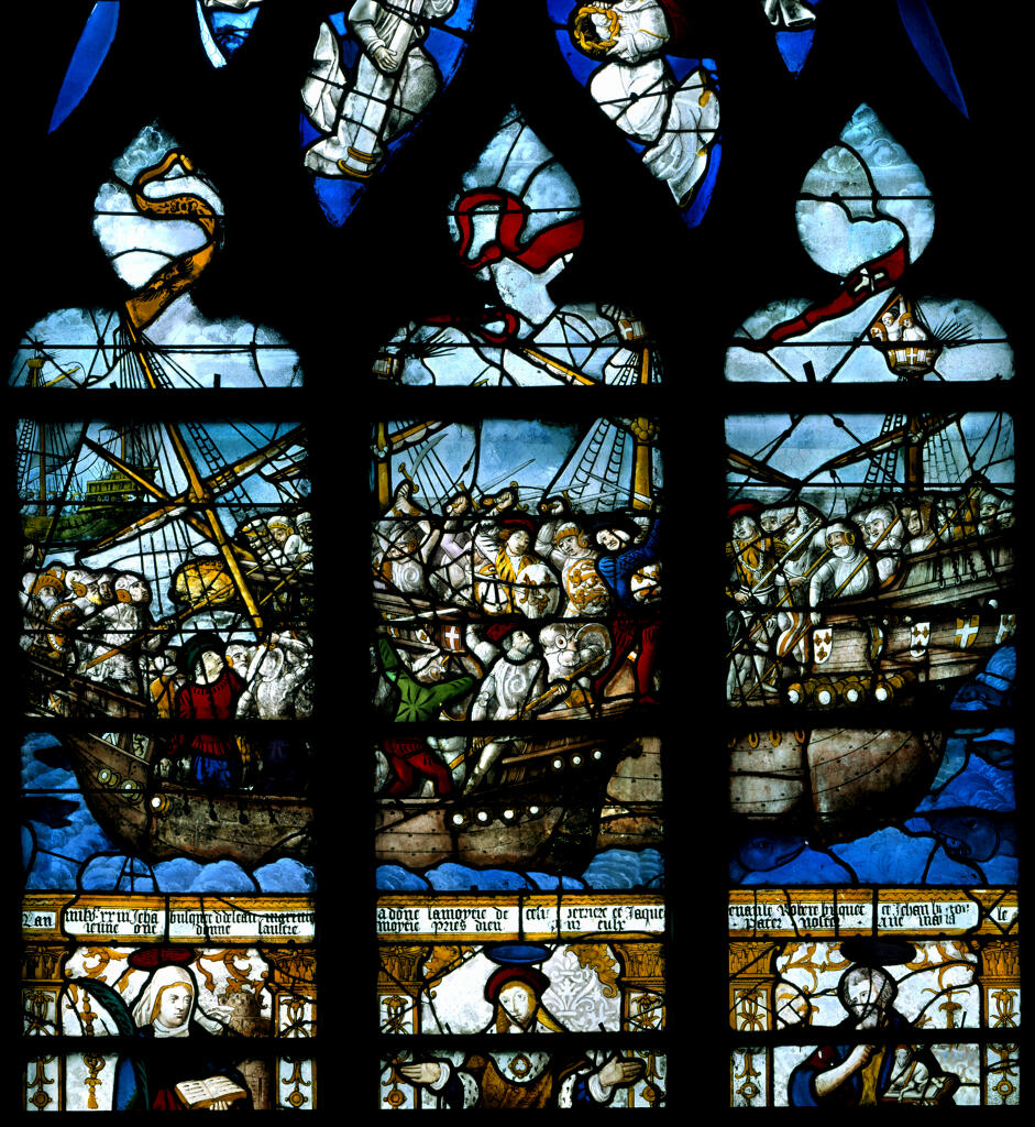 verrière, baie 7 : Le combat de la Salamandre, Sainte Barbe, saint Eustache, saint Jean-Baptiste