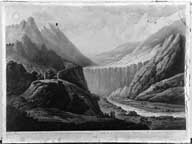 ensemble de 4 estampes : vue de la source du Rhône et du glacier d'où il sort, vue des glaciers, vue de la source de l'Arve, vue de la source de l'Arveyron