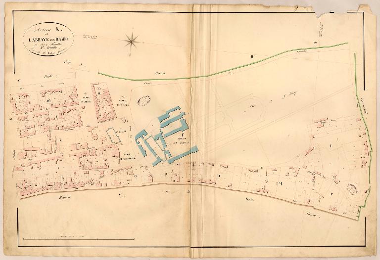 basse-cour et cour du cloître de l'abbaye de bénédictines de la Trinité dite abbaye aux Dames, actuellement jardins d'agrément de l'hôtel de région