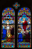 Verrière historiée et commémorative de la guerre de 1914-1918  : Crucifixion et Résurrection du Christ
